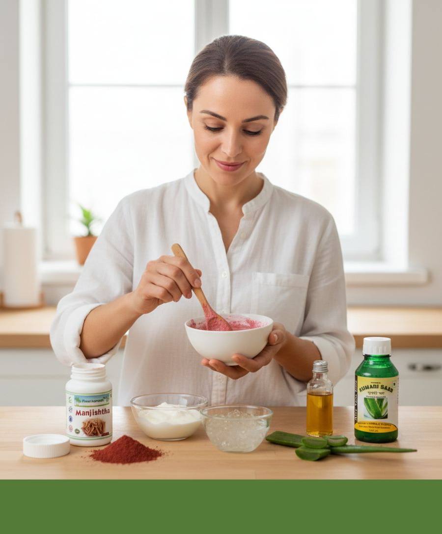 Woman mixing a homemade mask with Manjishta and Kumari Saar, with aloe and oils on a table, natural skin care with Ayurvedic ingredients