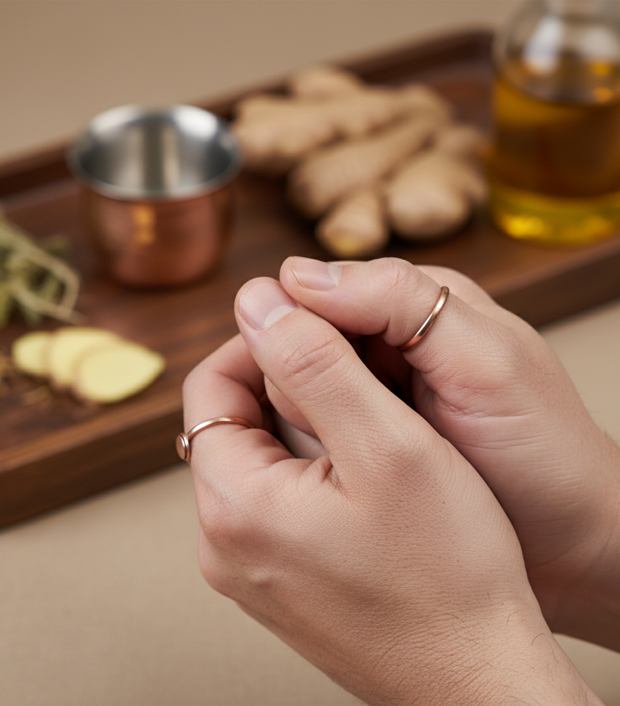 Hands holding a piece of ginger, in the background a wooden board with ginger, honey, and herbs as ingredients for an arthritis diet