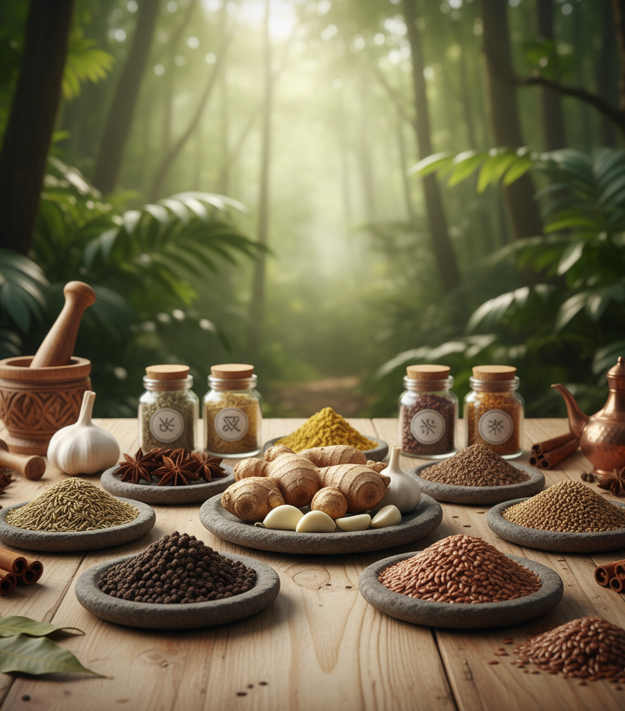 Ayurvedic spices and seeds on a wooden table, ginger, garlic, pepper, cumin, coriander, and turmeric, as part of an arthritis diet