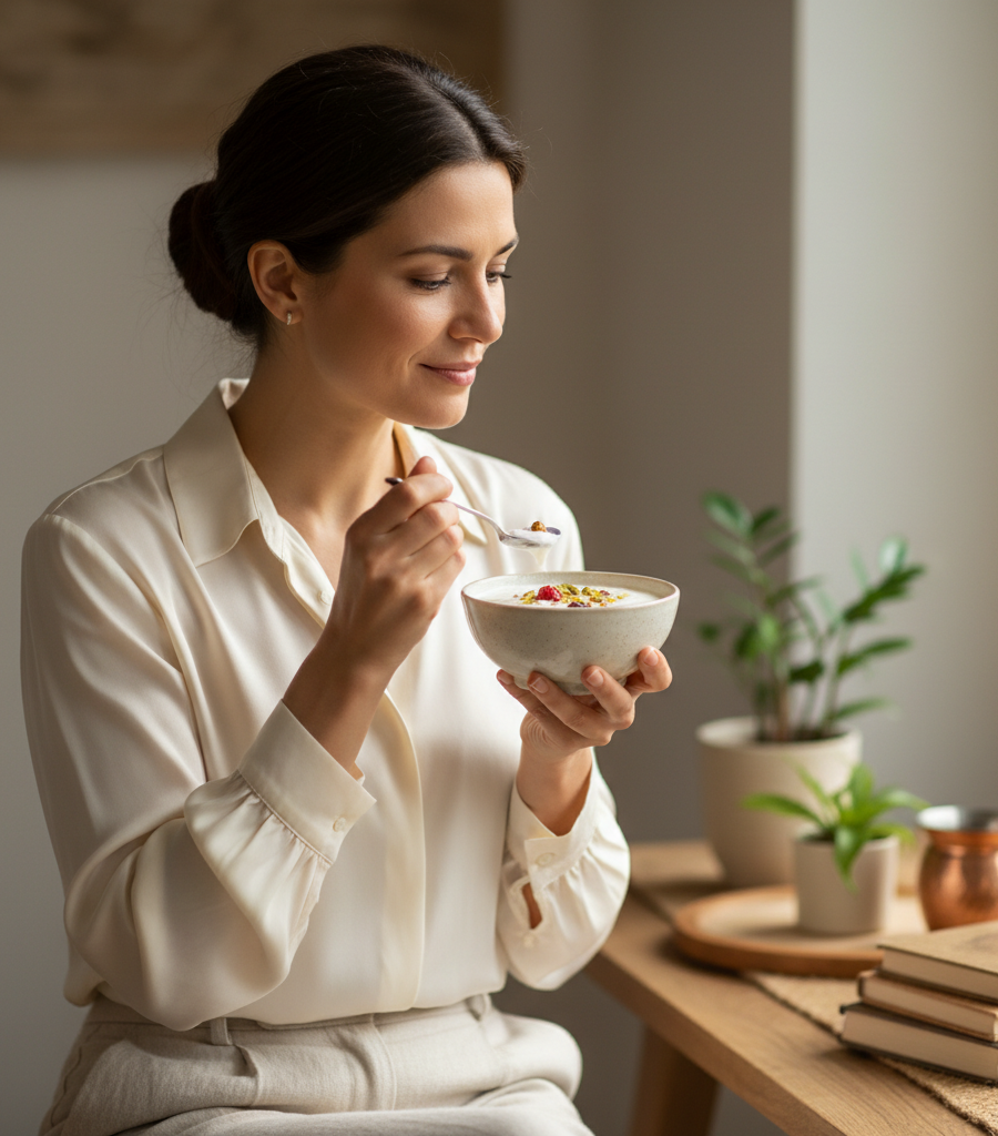 Woman eating a warm breakfast of porridge in a bowl, an example of a light and soothing arthritis diet