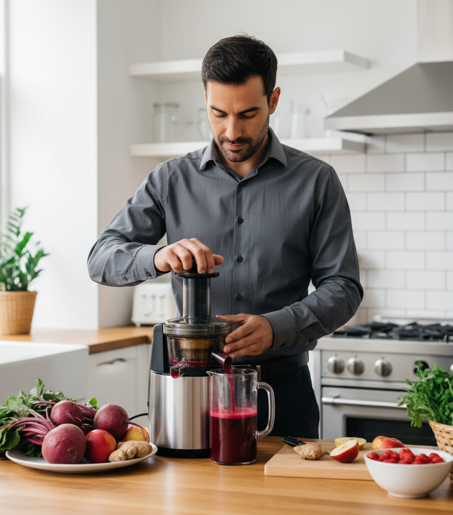 Man squeezing beet juice with a juicer in the kitchen, with fresh fruits and vegetables on the table as an example of an arthritis diet