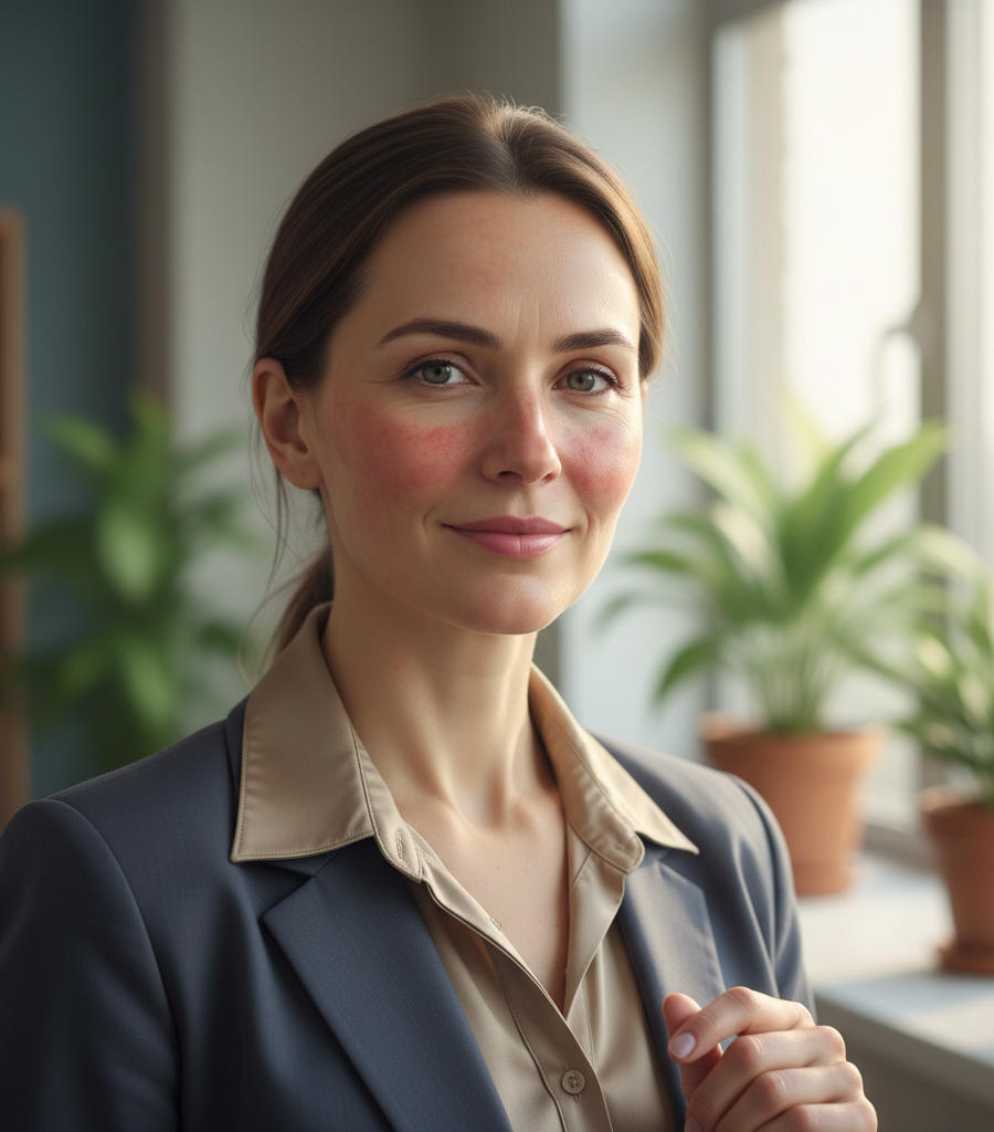 Portrait of a woman in an office with natural redness on her cheeks, a symbolic illustration for a lupus diet.