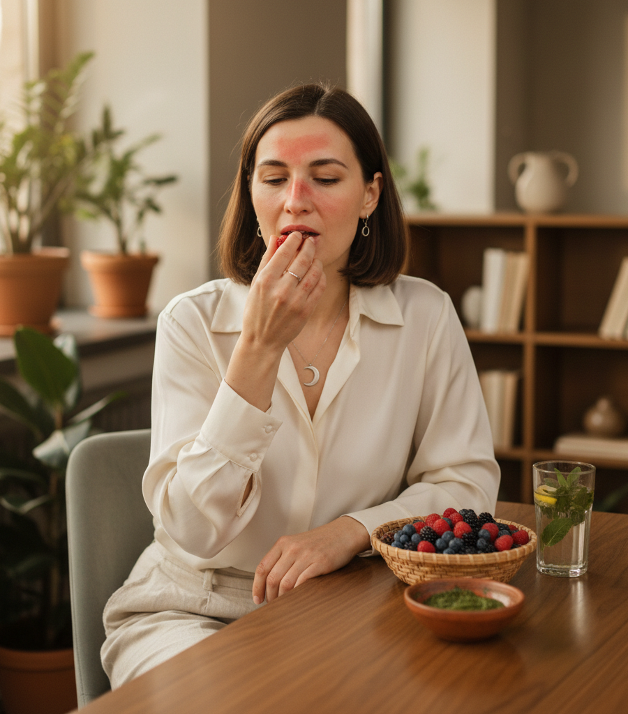 A woman at a table eating fresh berries and drinking mint water, an example of a lupus diet in a home atmosphere.