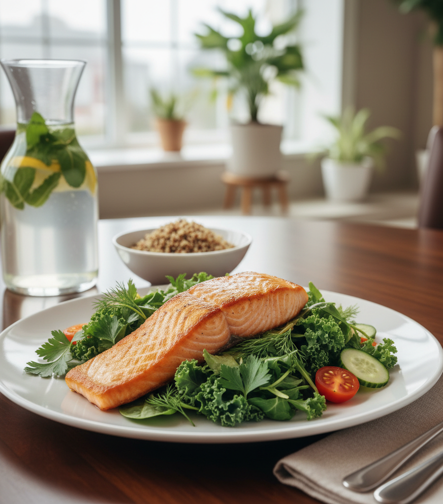 A plate with baked salmon, green salad, and quinoa, with lemon and mint water, an example of a lupus diet.