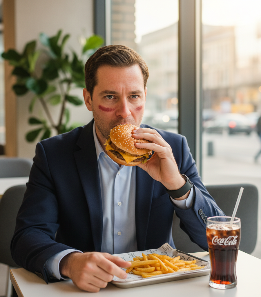 A man in a restaurant eating a burger with fries and a soda, an example of food to avoid in a lupus diet.