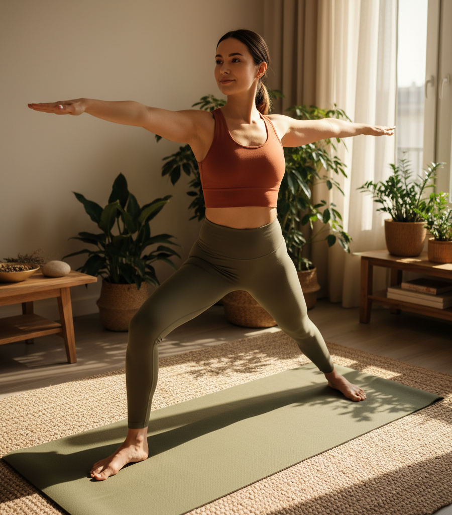 A woman practicing yoga in a living room, lifestyle support along with a lupus diet.