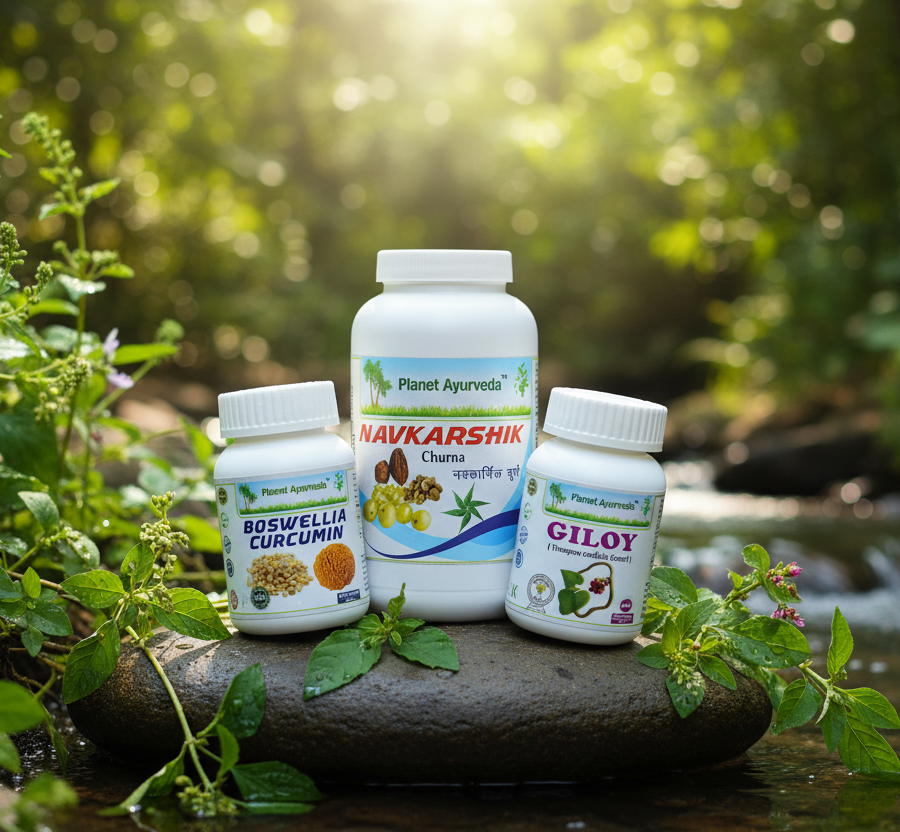 Natural Ayurvedic supplements Boswellia Curcumin, Navkarshik Churna, and Giloy by a stream, support for a lupus diet.