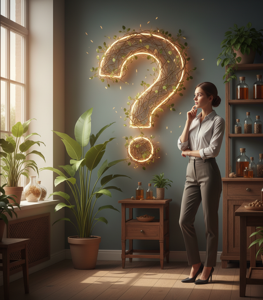 A woman thinking in a natural pharmacy with a large glowing question mark, a visual announcement for a lupus diet guide.