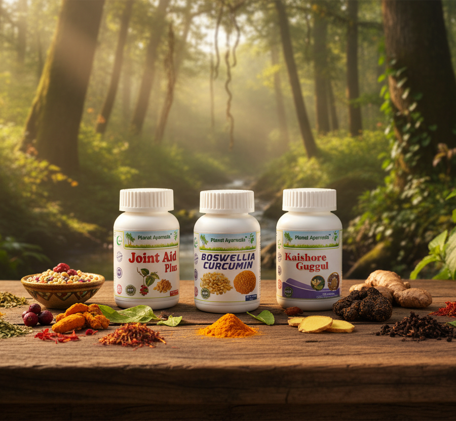 Packages of Joint Aid Plus, Boswellia Curcumin, and Kaishore Guggul with Ayurvedic spices on a wooden table, visual support for an arthritis diet