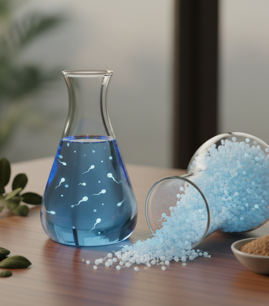 Flask with blue liquid and sperm icons, with scattered blue granules and herbal leaves, symbolism for natural sperm count increase.