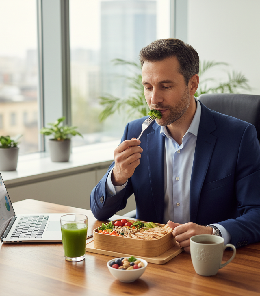 Man in office eating a healthy meal with green juice and nuts, diet for increasing sperm count.