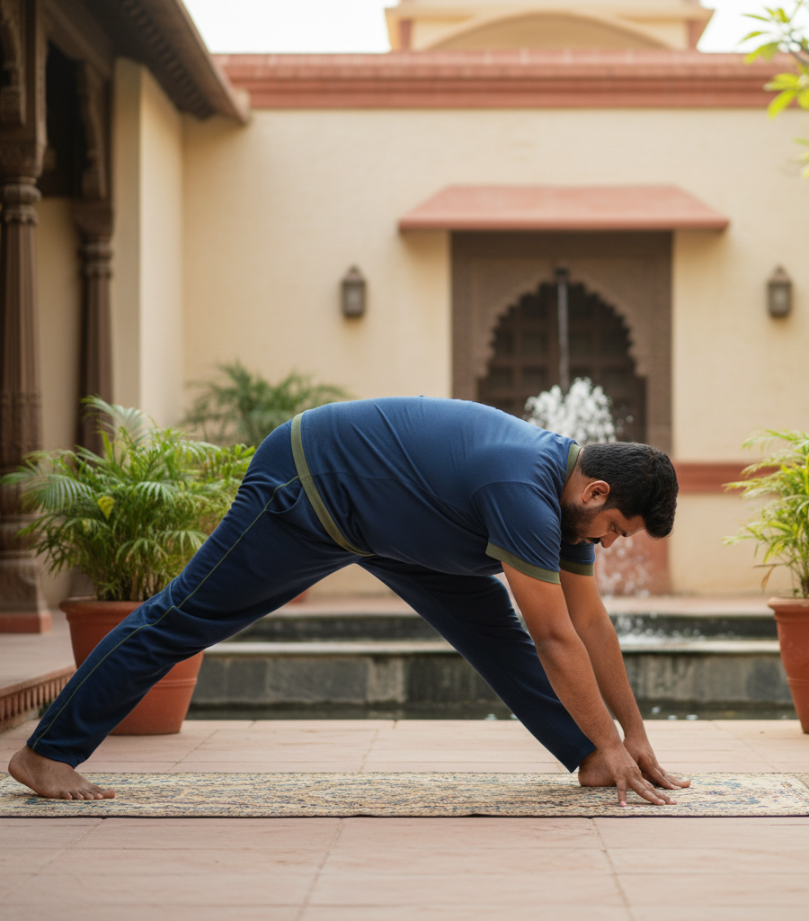 Man practicing yoga stretching in a yard, exercises for stress reduction and sperm count support.
