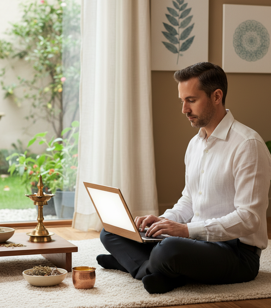 Man sitting calmly at home with a laptop in a quiet room with plants, relaxation and stress reduction to support sperm count.