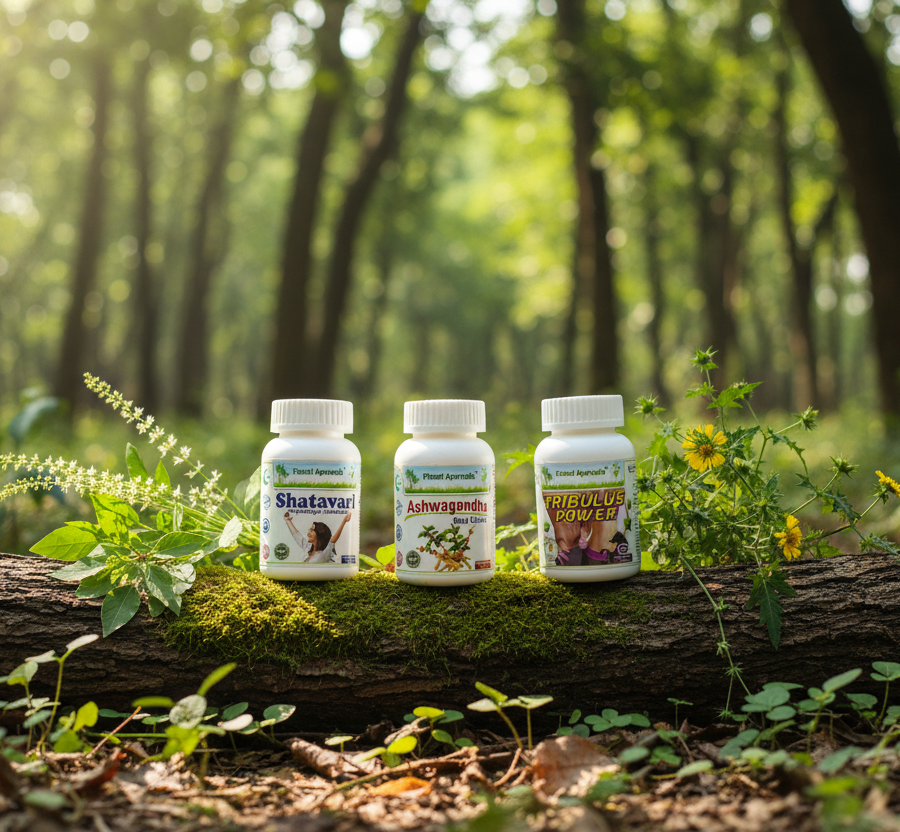 Three herbal supplements Shatavari, Ashwagandha, and Tribulus placed on a wooden log in nature, natural support for increasing sperm count.
