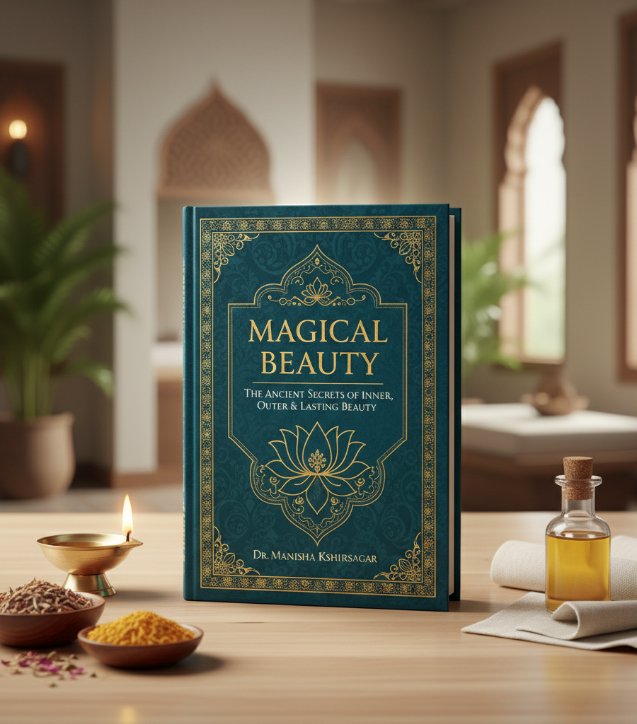 The book 'Magical Beauty' on a table with a candle, herbs, and oil in a spa setting, inspiration for natural skin care