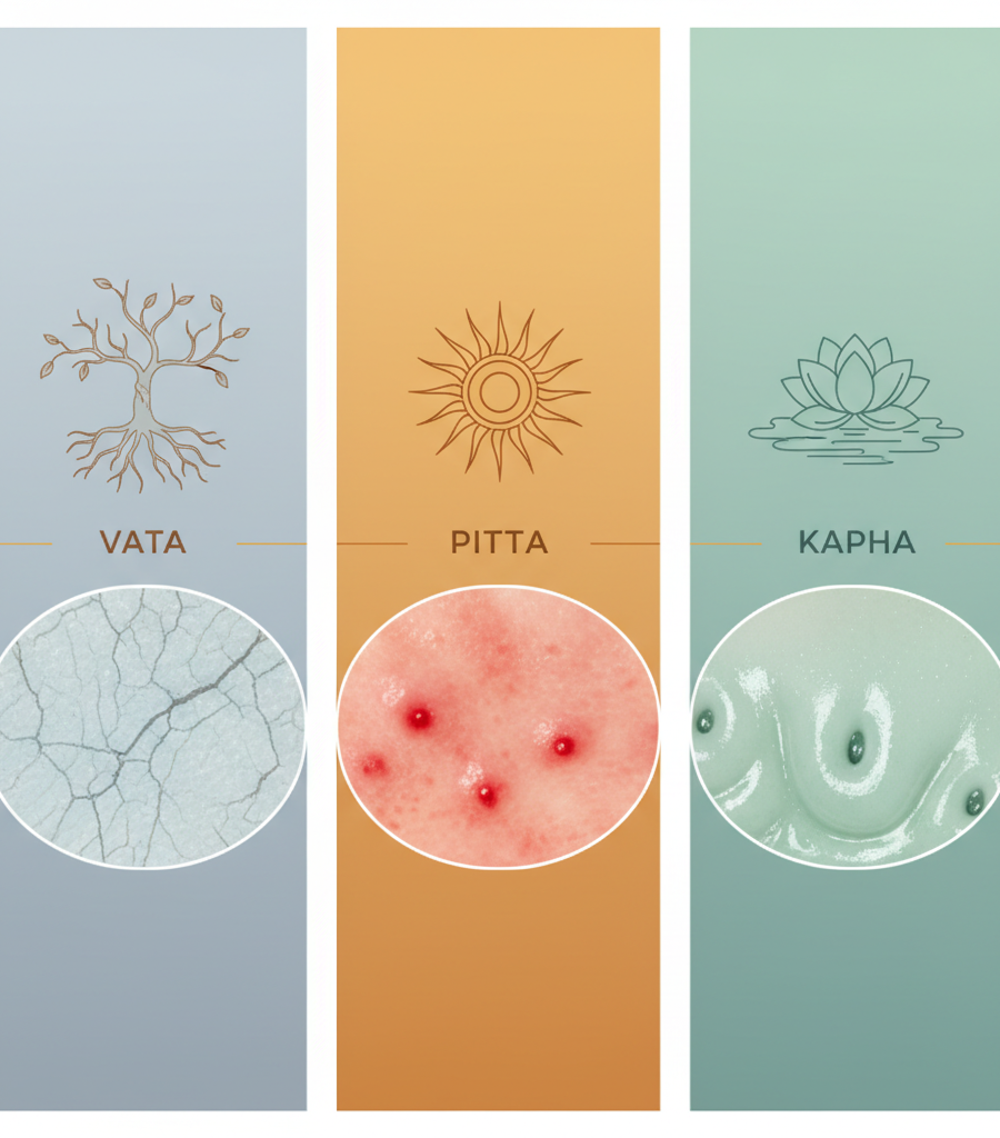 Infographic for Vata, Pitta, and Kapha skin types with icons and example textures, dry cracked, inflamed with pimples and oily, guide to natural skin care