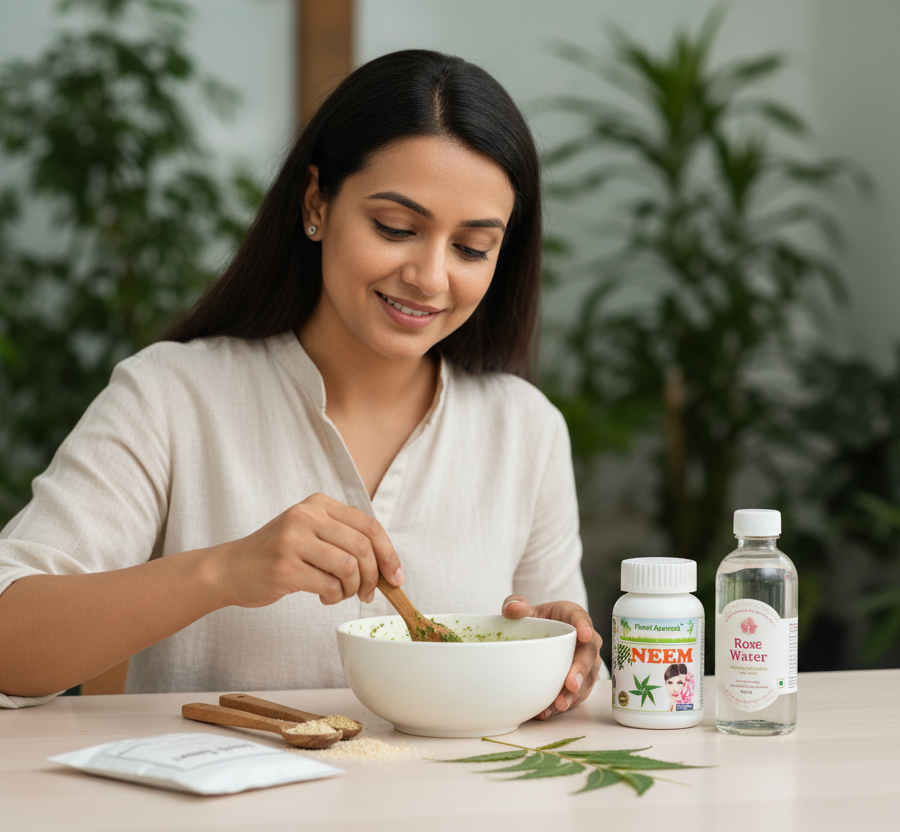 Woman preparing a homemade mask with Neem and rose water, natural skin care recipe on a table with herbs and ingredients