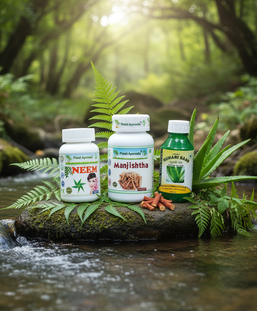 products Neem, Manjishta, and Kumari Saar placed on a stone by a stream with aloe and fern, natural skin care in a natural setting.