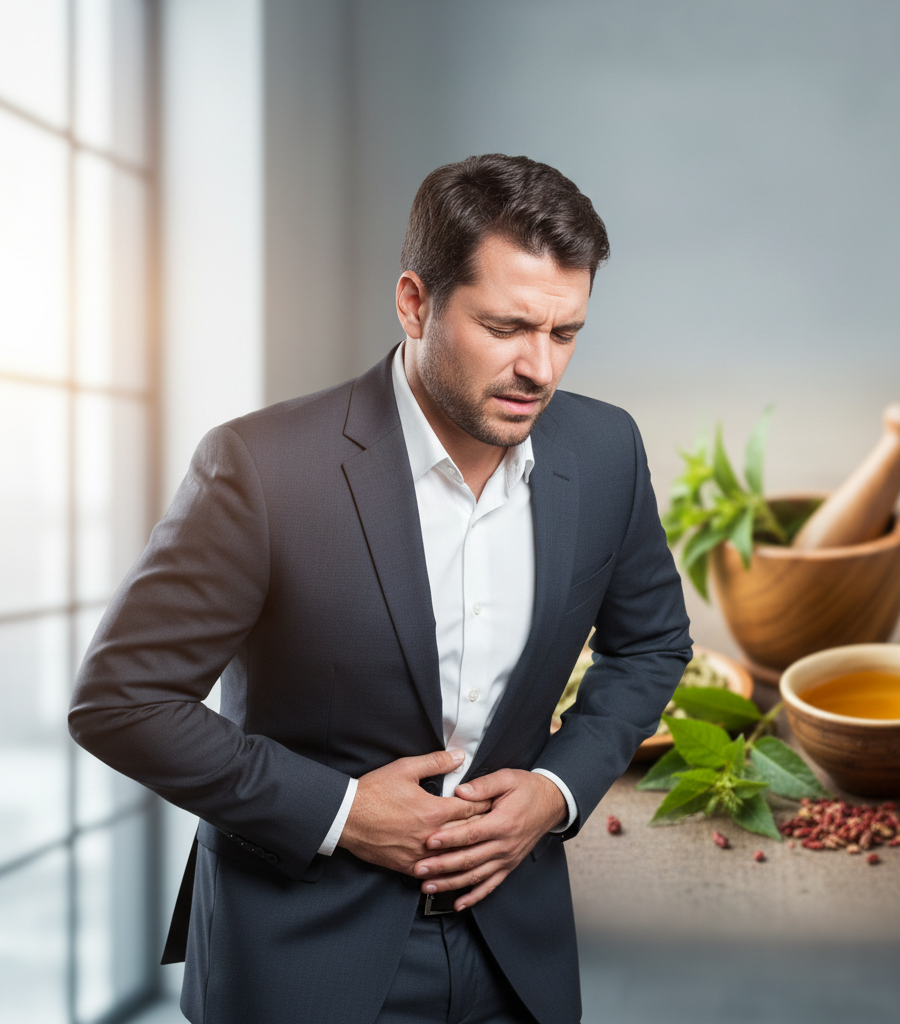Man in a suit holding his stomach in pain, with herbs, tea, and a mortar in the background as symbols of natural support and diet for gastritis