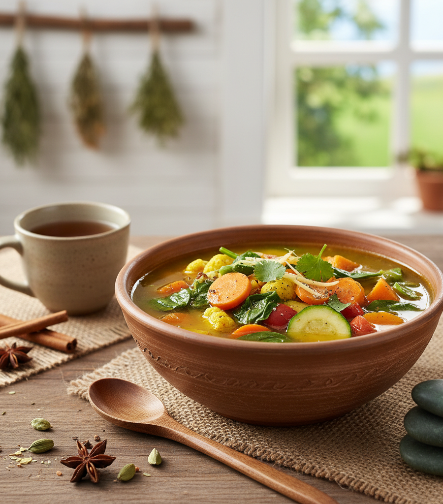 Warm vegetable stew with tea and mild spices on a wooden table, an example of a diet for gastritis