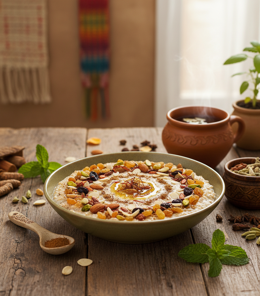 Oatmeal with dried fruit and mild spices, with warm tea in the background, an example of a diet for gastritis
