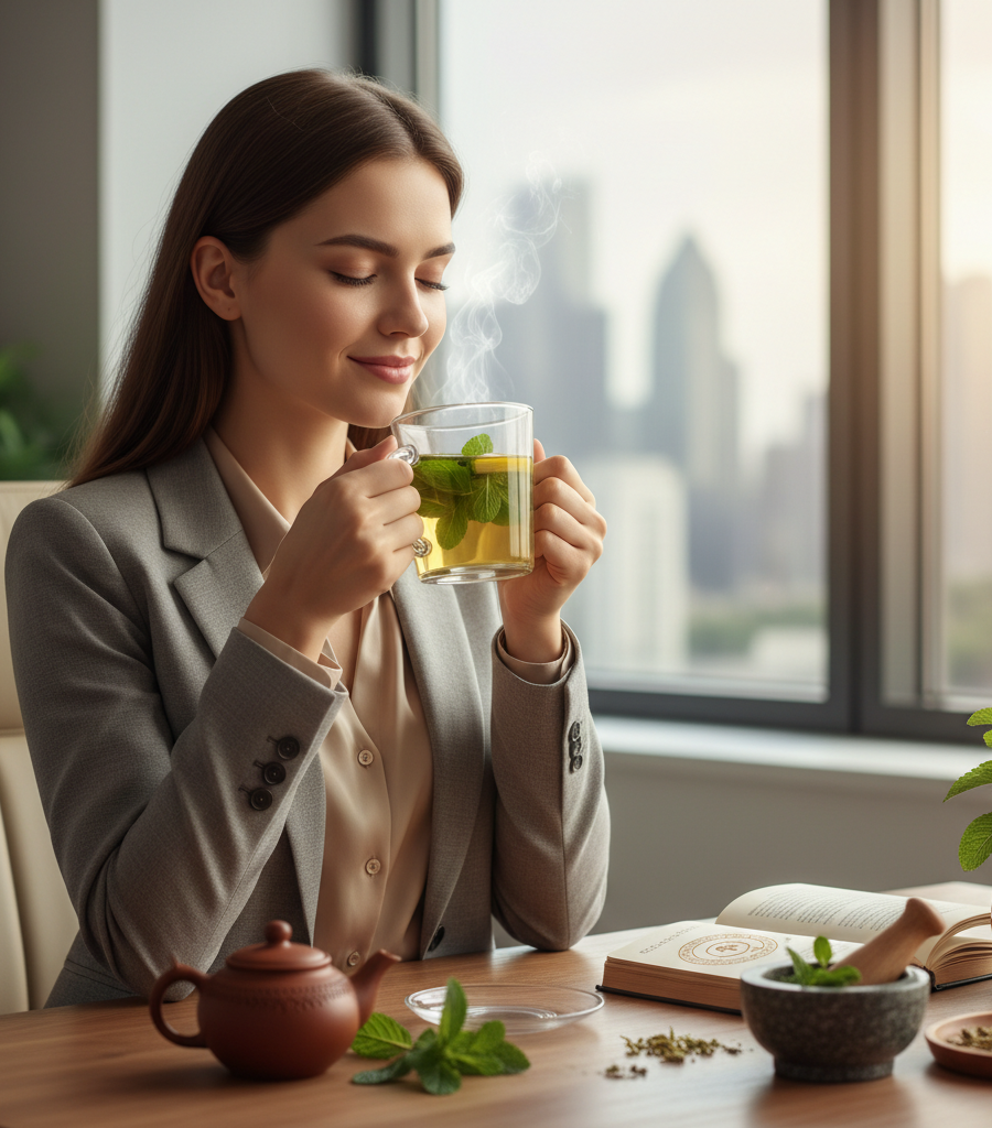 Woman drinking warm herbal mint tea in a quiet office, an example of a diet for gastritis