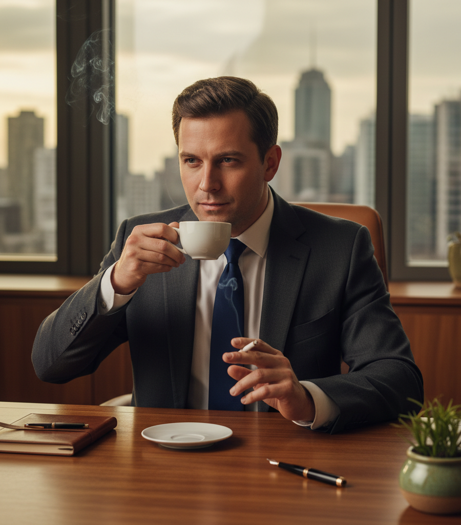 Man in an office drinking coffee and smoking a cigarette, an example of what to avoid in a diet for gastritis