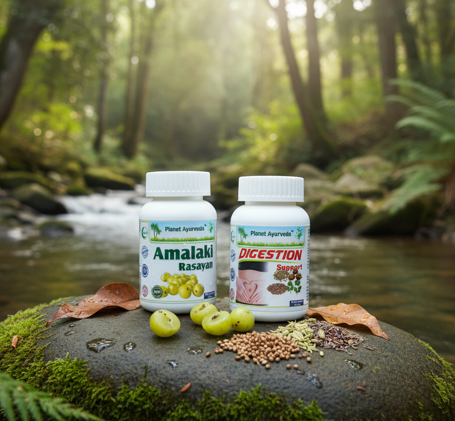 Amalaki Rasayan and Digestion Support with amla fruits and spices, natural support as part of a diet for gastritis