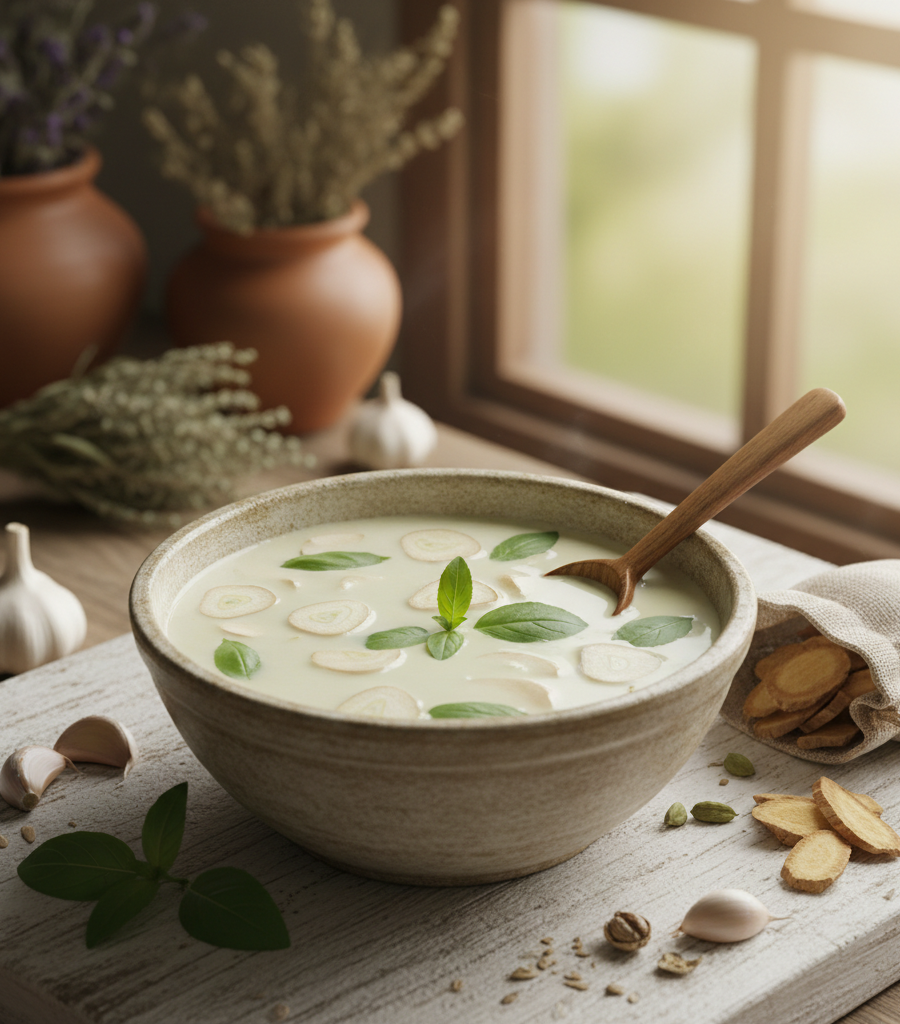 A bowl of garlic milk in a rustic kitchen, with garlic slices, fresh herbs, and whole garlic cloves on a wooden surface.