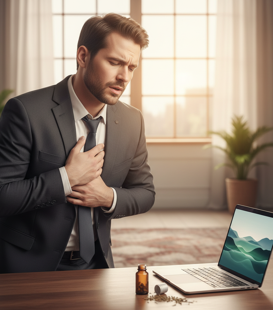 A man with chest pain in an office, as a visual illustration for garlic milk and natural health support.