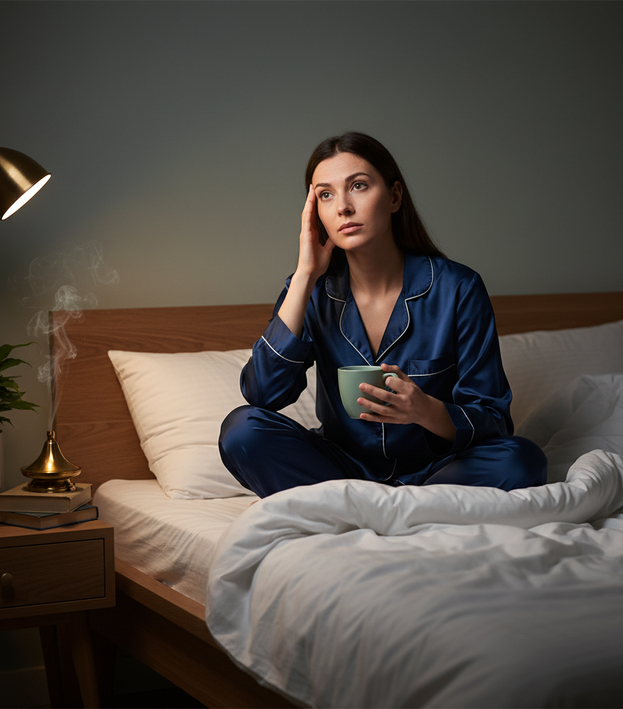 A woman with insomnia sitting on a bed with a warm drink, as an illustration for garlic milk before sleep.