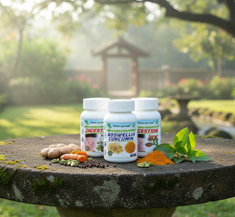 supplements Boswellia Curcumin and Digestion in a natural setting, suggested combination with garlic milk for digestion and inflammation support.