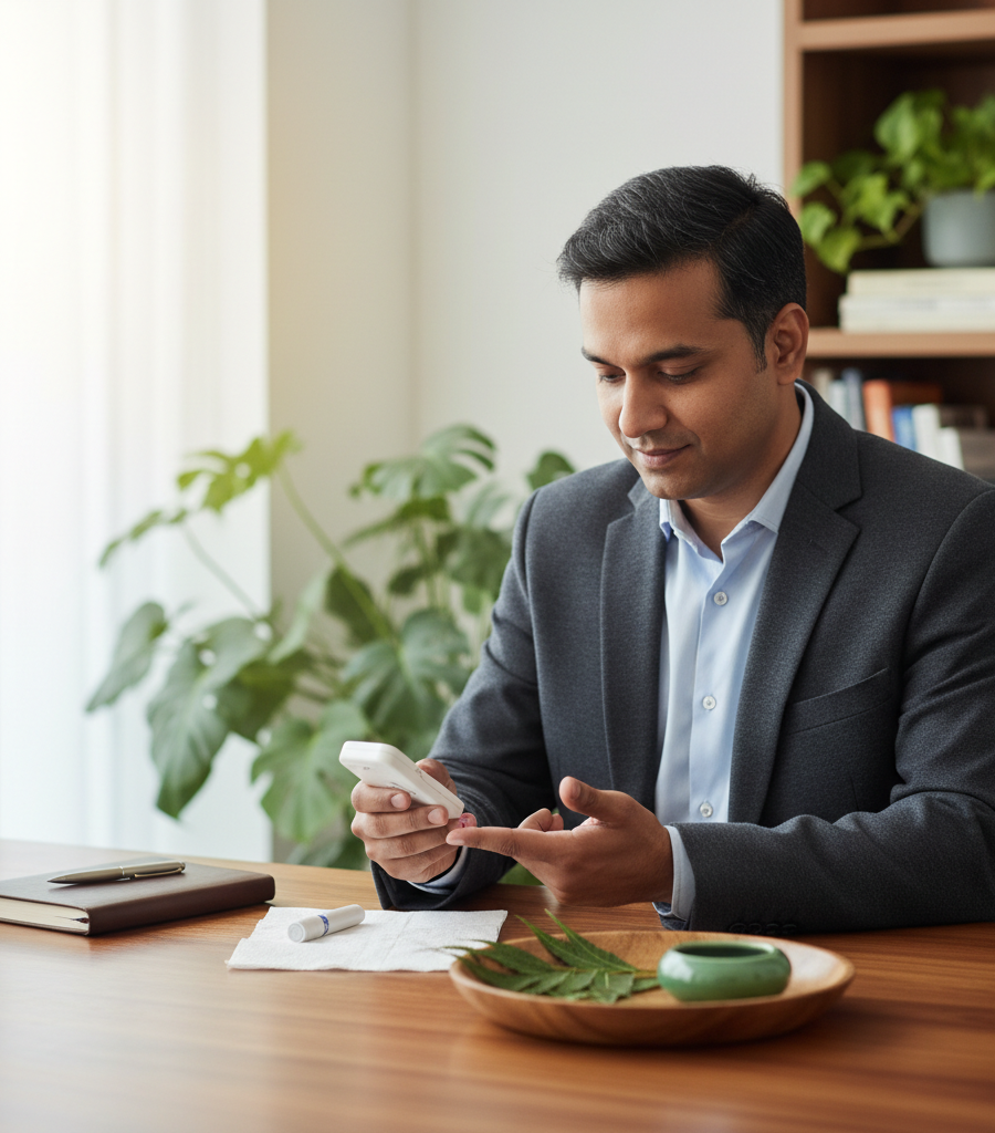 Man in office measuring blood sugar with a glucometer, related to health benefits of cinnamon
