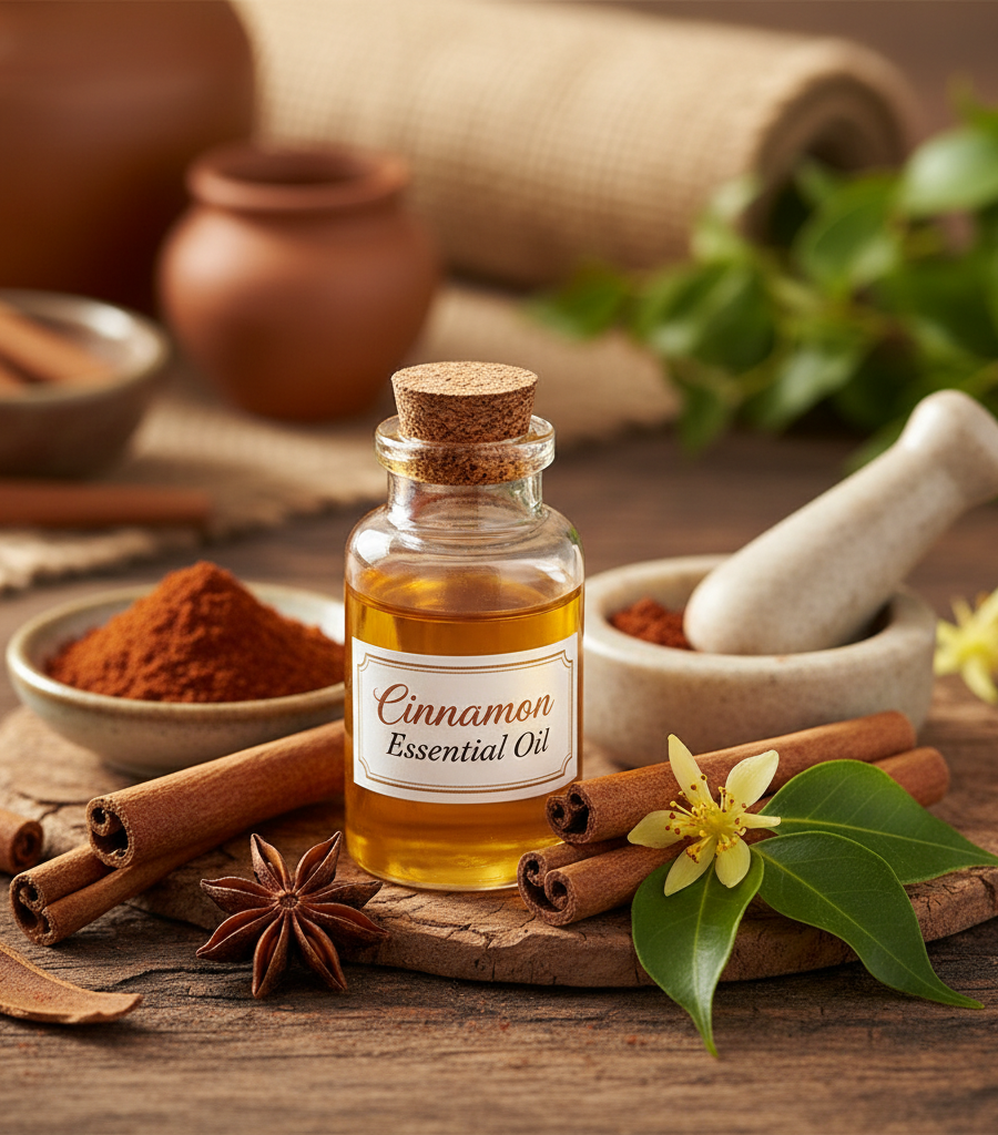 Cinnamon essential oil with sticks and powder on a wooden table, related to health benefits of cinnamon
