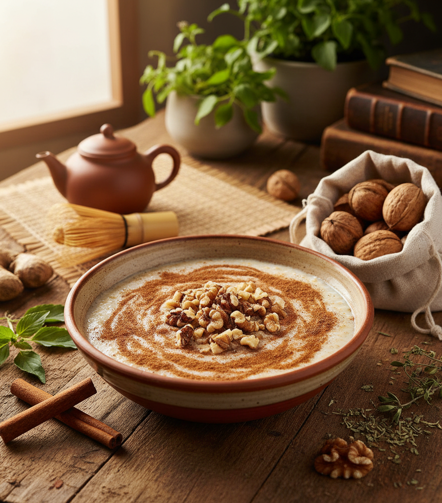 Warm breakfast with cinnamon and walnuts on a wooden table, example of health benefits of cinnamon