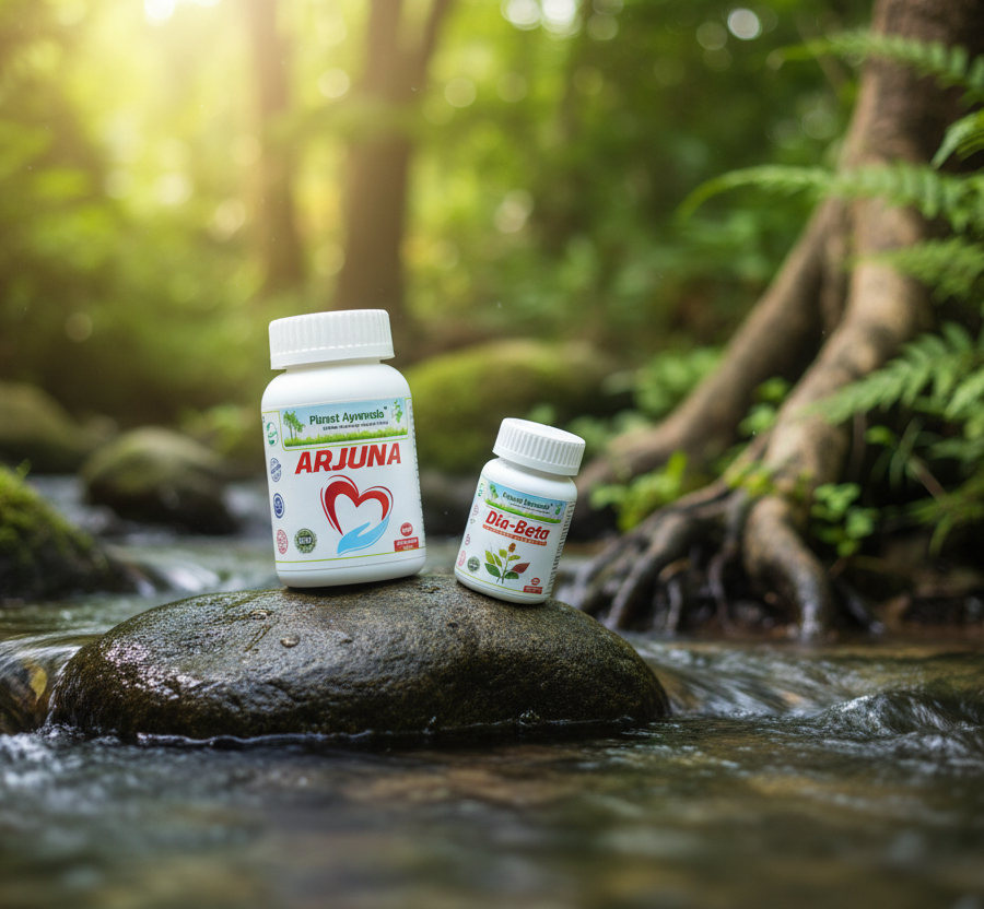 products Arjuna and Dia-Beta on a stone in a mountain stream, related to health benefits of cinnamon