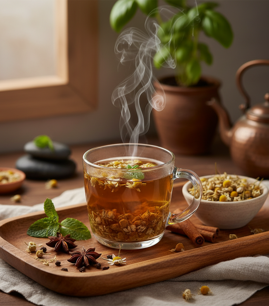 A cup of hot chamomile tea with steam, chamomile flowers and mint on a wooden tray, health benefits of chamomile tea.