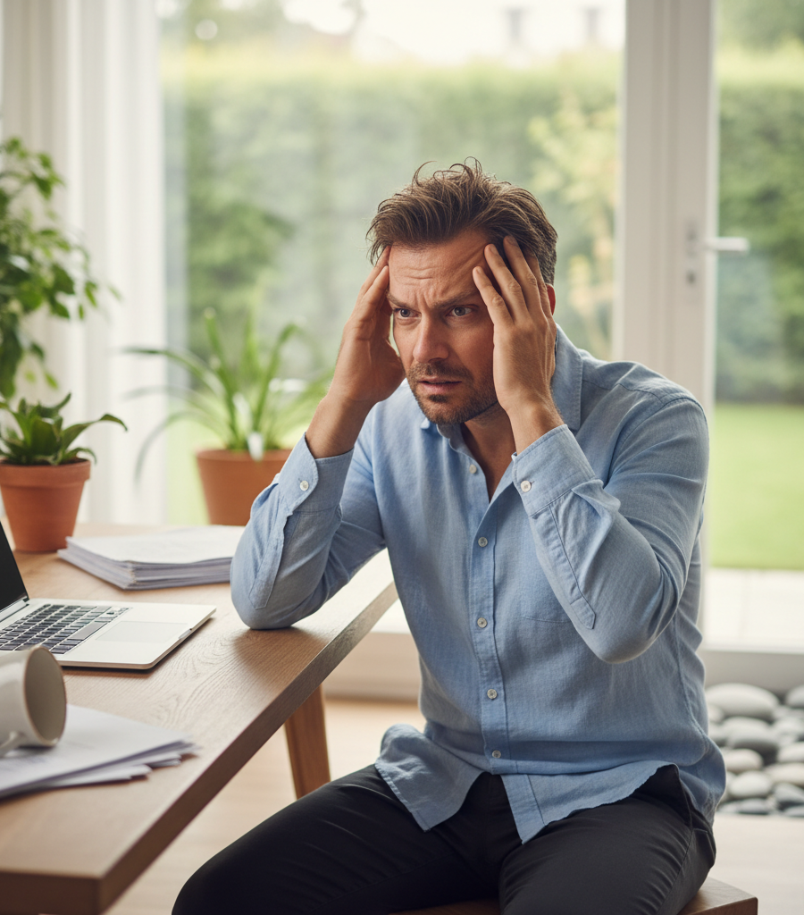 Worried man at a desk with a laptop, holding his head from stress, health benefits of chamomile tea.