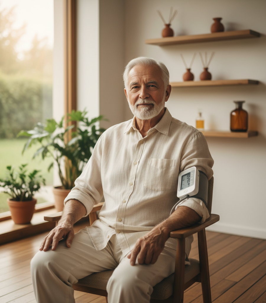 Elderly man with a blood pressure monitor on his arm in a home setting, health benefits of chamomile tea.