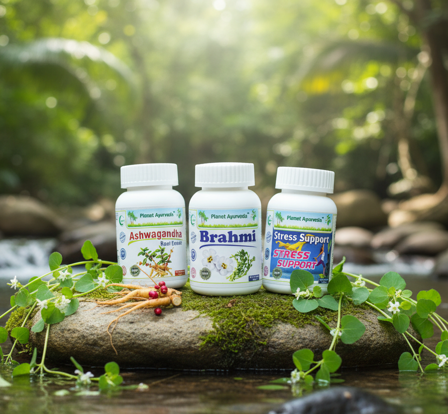 Ashwagandha, Brahmi, and Stress Support products in a natural scene, health benefits of chamomile tea.