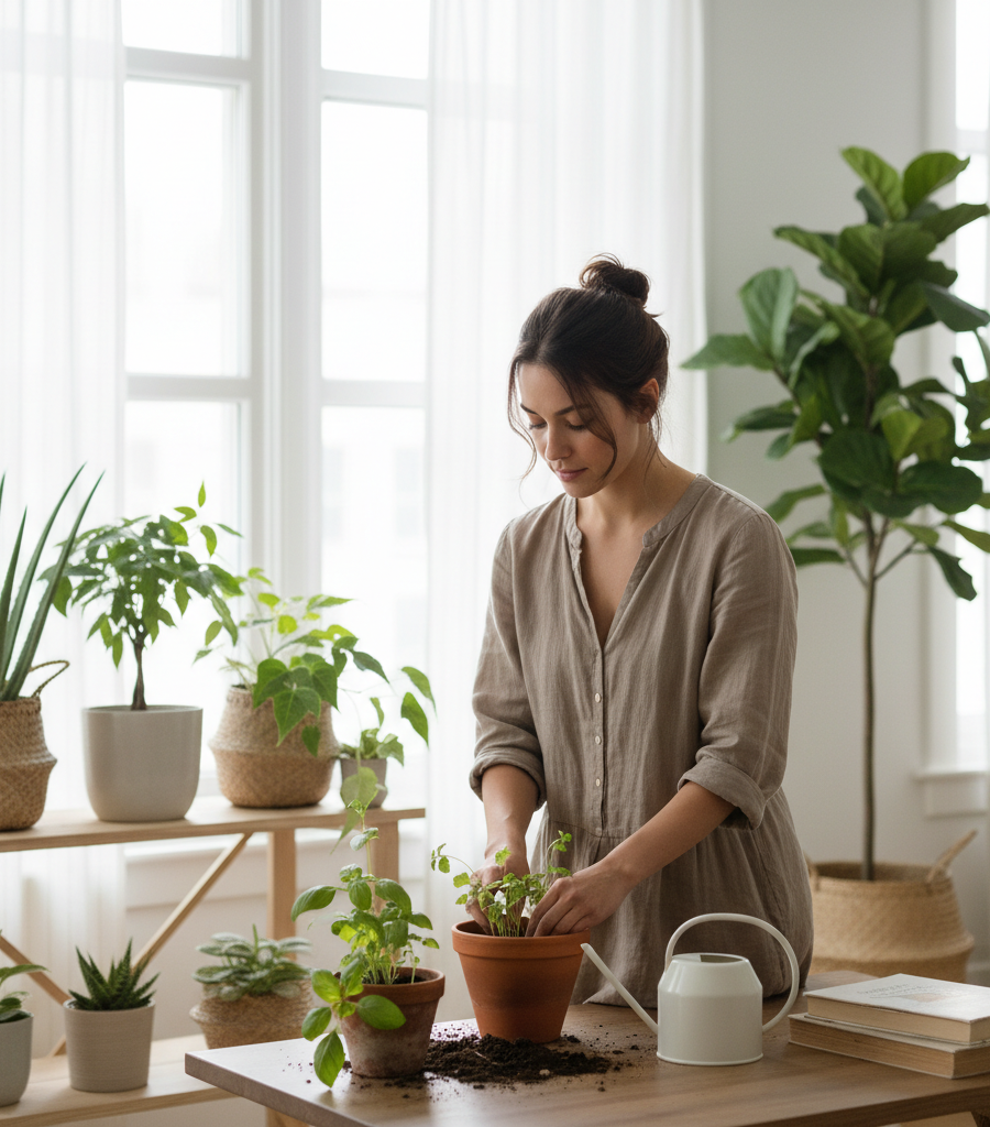 Home herbs: a woman repotting fresh herbs in a pot on a table by a sunny window, with a watering can and several houseplants in the background.