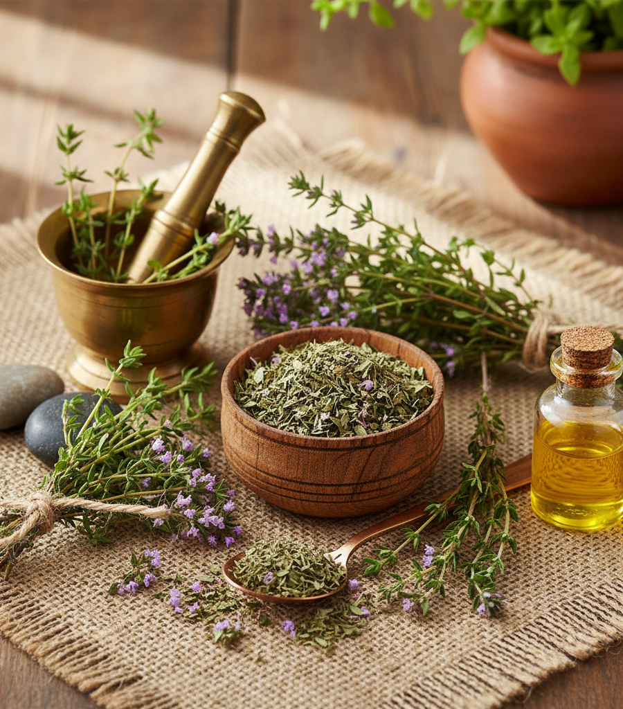 Home herbs: thyme and dried herbs in a wooden bowl with a mortar and pestle, a spoon with herbs, and a small bottle of oil on a rustic table.