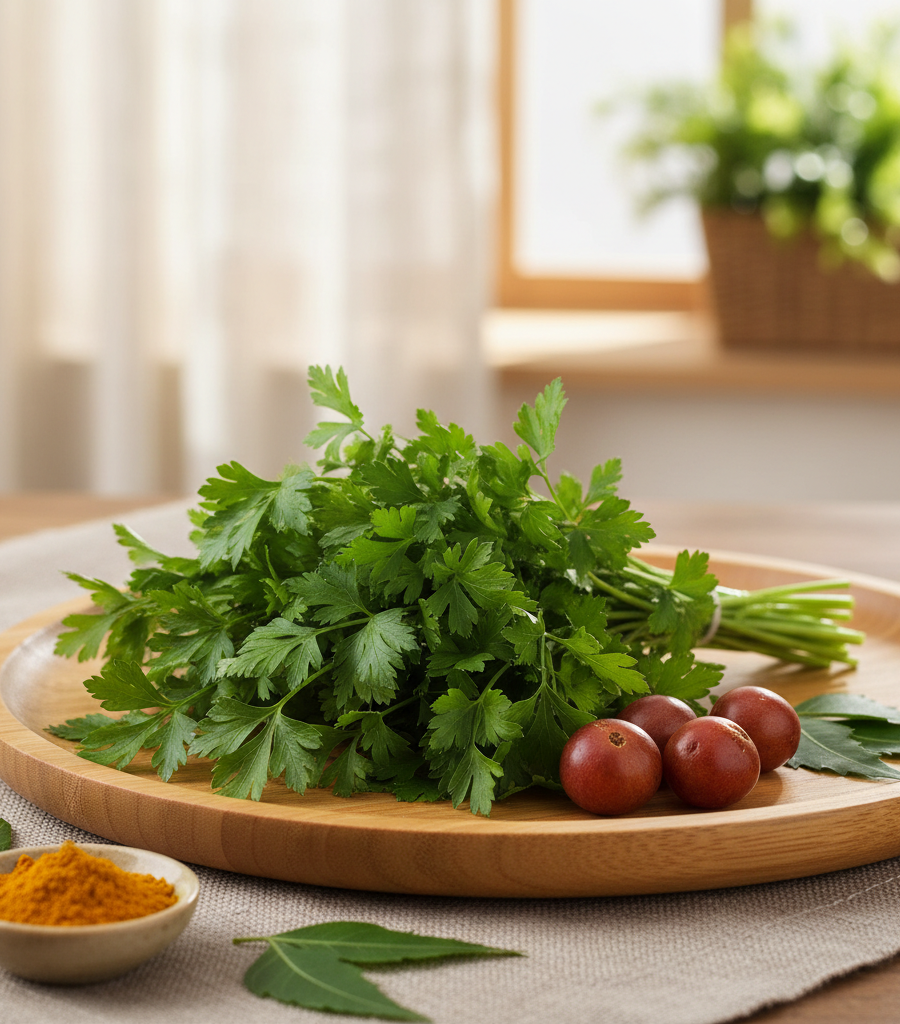 Home herbs: fresh parsley on a wooden board with small tomatoes and spices, ready for use in the kitchen.