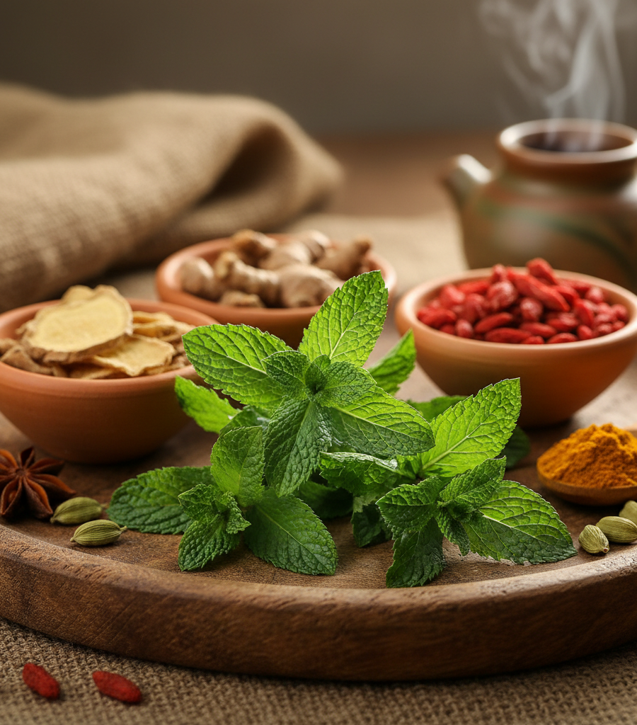Home herbs: fresh mint on a wooden board with spices, ginger, and dried ingredients for tea or homemade blends.