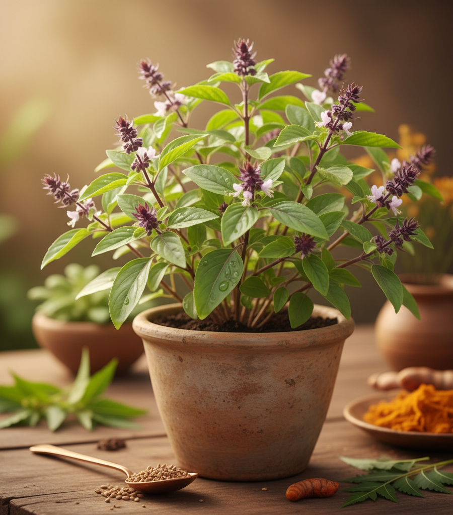 Home herbs: basil in a pot with green leaves and purple flowers on a wooden table, ready for growing at home.