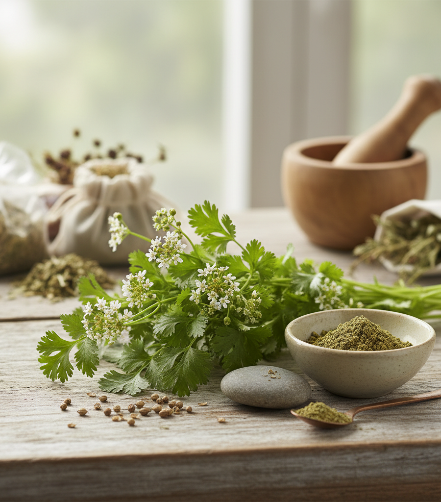 Home herbs: coriander with flowers and seeds on a wooden table, with a small bowl of ground spices and a mortar in the background.
