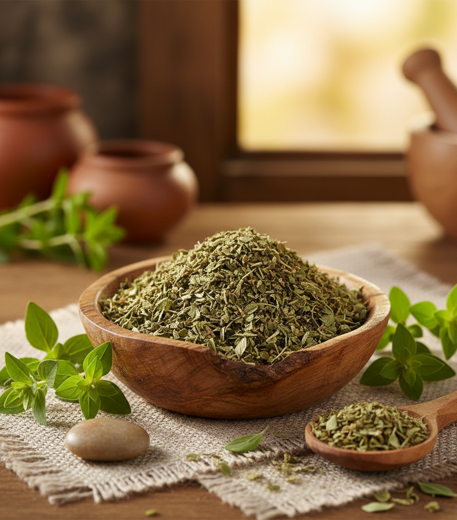 Home herbs: dried oregano in a wooden bowl with a small spoon and fresh sprigs on a rustic table.