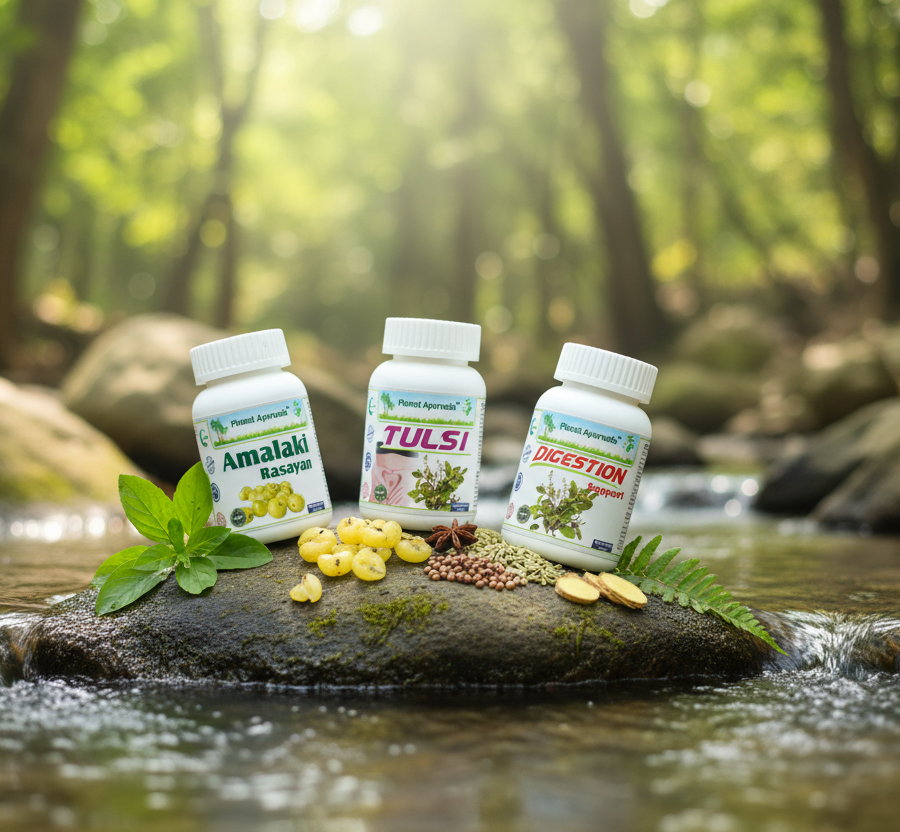 Home herbs: three herbal supplements Amalaki Rasayan, Tulsi, and Digestion on a stone in a stream, with leaves and spices in a forest background.