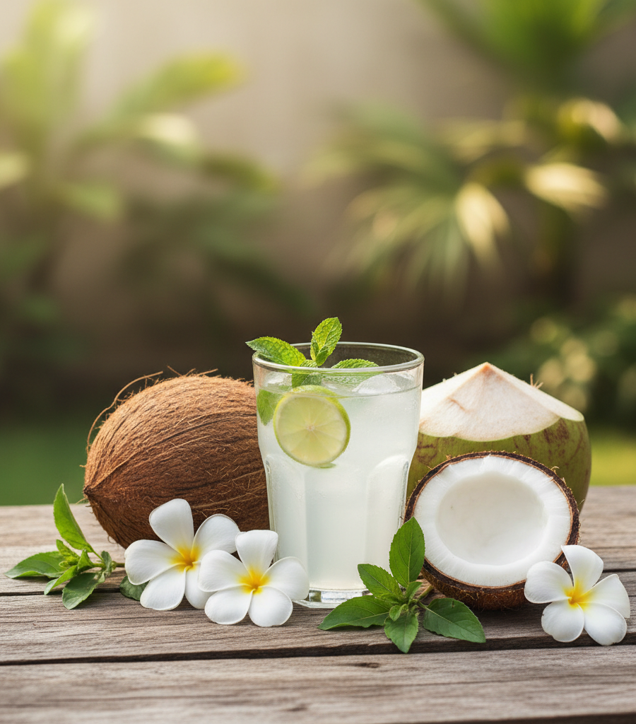A glass of coconut water with lime and mint, next to a fresh coconut on a wooden table, hydration drinks for summer days.