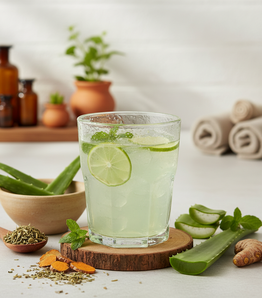 A glass of aloe vera drink with lime and mint, with fresh aloe and spices in the background, hydration drinks with no added sugar.